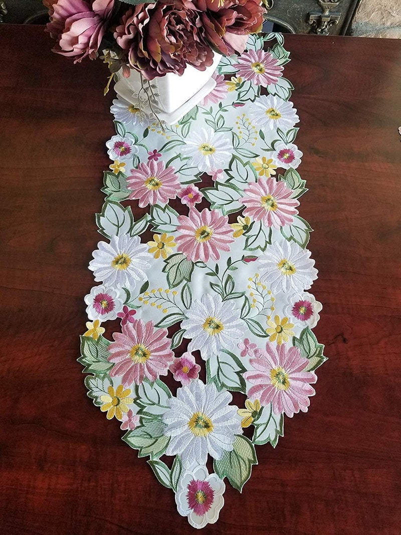 GRANDDECO Spring Table Runner 13"Ã—54" Embroidered Flowery Applique Floral Daisy Cutwork Table Linen Home Kitchen Dining Tabletop Decoration - Image 3